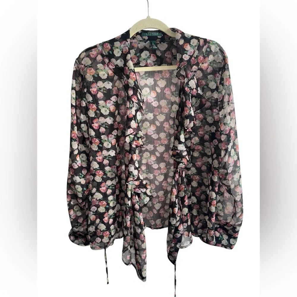 Lauren Ralph Lauren Sheer Floral Ruffle Blouse XL – Romantic Black Rose Print - Picture 2 of 9
